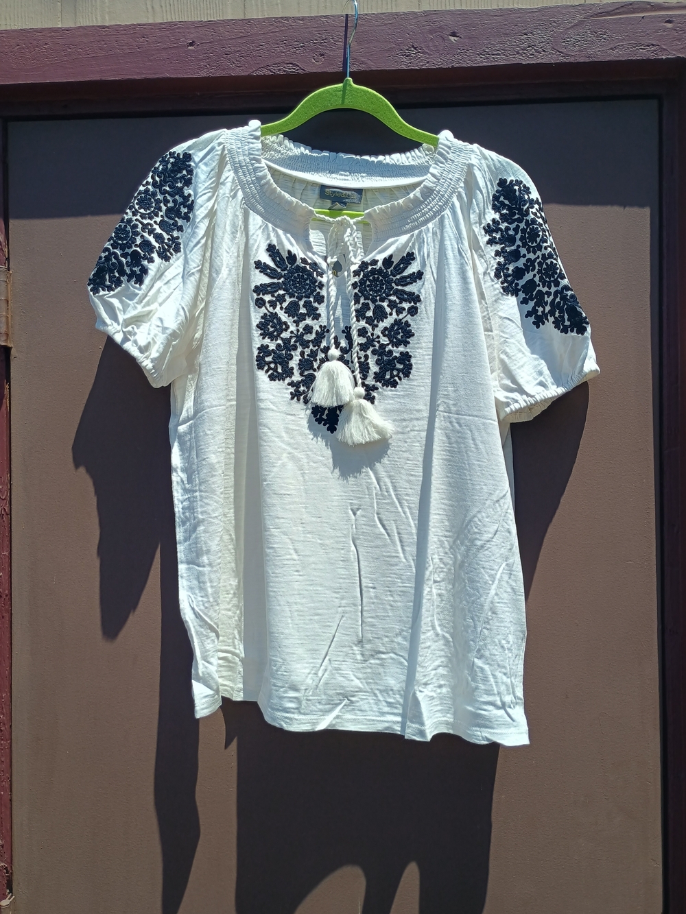 White Embroidered Peasant Top with Floral Detail